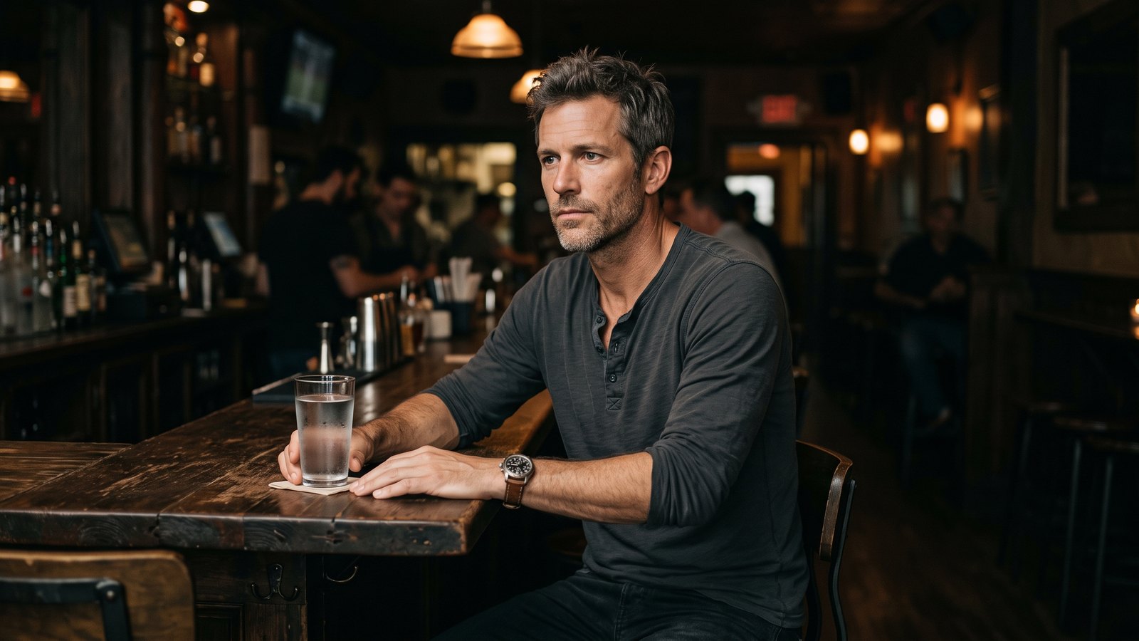 A lean, composed man in his forties sitting alone in a dim bar at night with a single untouched glass in front of him, looking thoughtful.