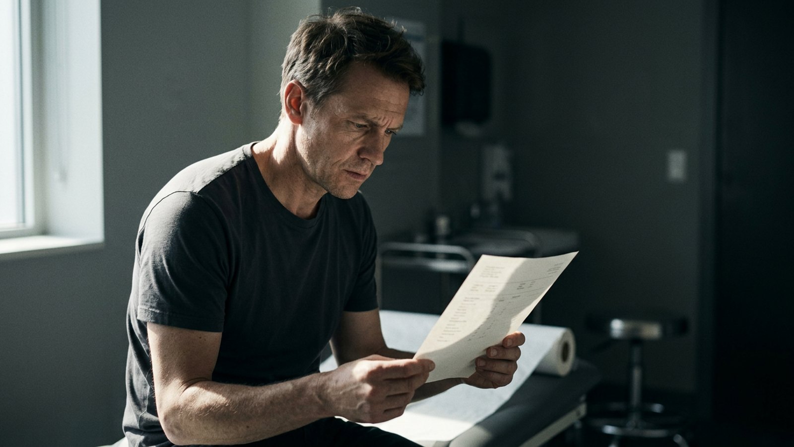A man in his forties sitting on the edge of an exam table in a clinic, holding a printed lab report and reading it closely in hard window light.
