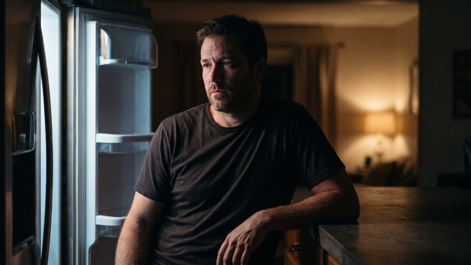 A man in his forties standing at a kitchen counter at night with the fridge door open, lit from inside.