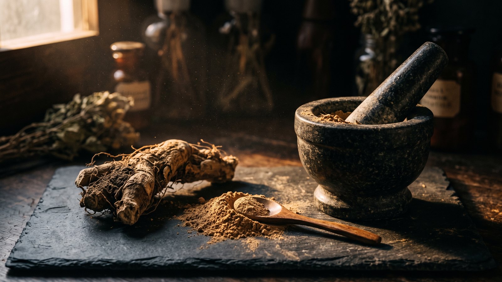 Raw ashwagandha root and a small pile of tan powder on a dark slate surface beside a stone mortar and pestle, lit by warm side light.