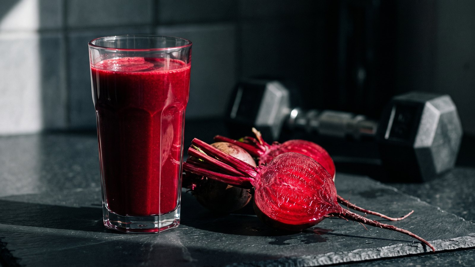A glass of deep red beetroot juice on a dark kitchen counter next to fresh beets and a set of dumbbells.