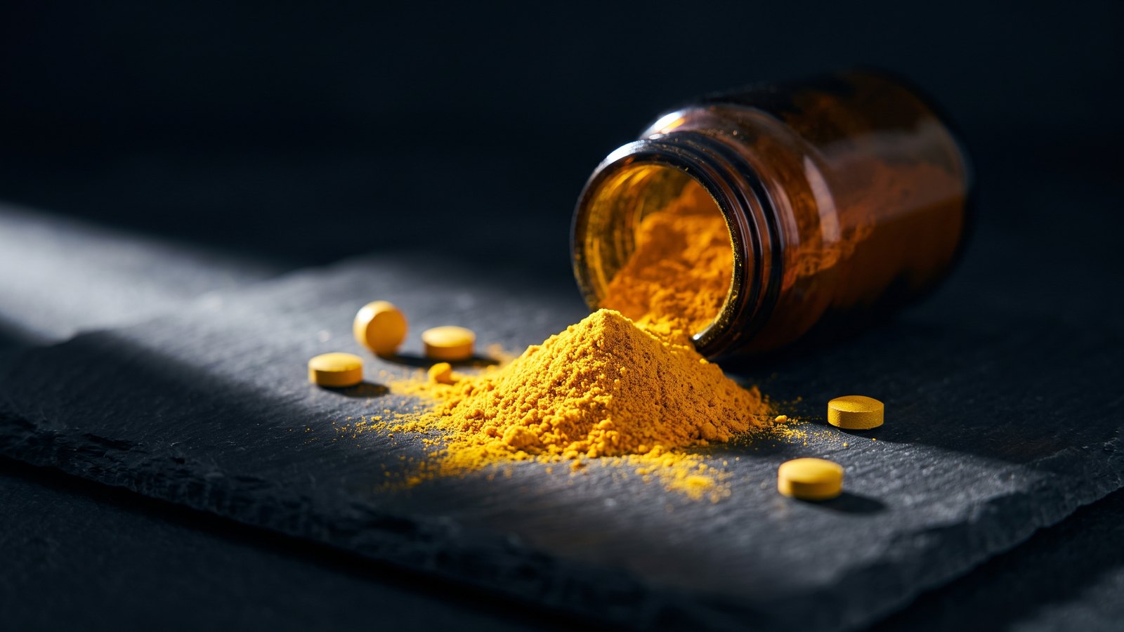 An amber glass jar tipped on its side on dark slate, bright yellow berberine powder spilled in a cone with a few yellow tablets scattered around it.