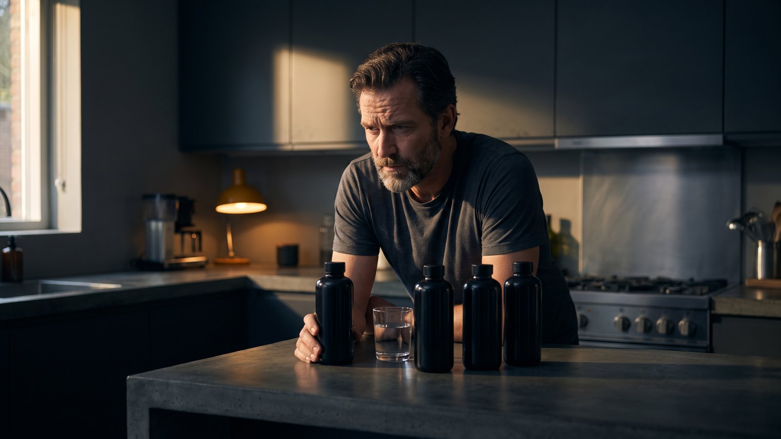 A man in his forties at a dark kitchen counter at night, looking skeptically at a row of plain supplement containers beside a glass of water