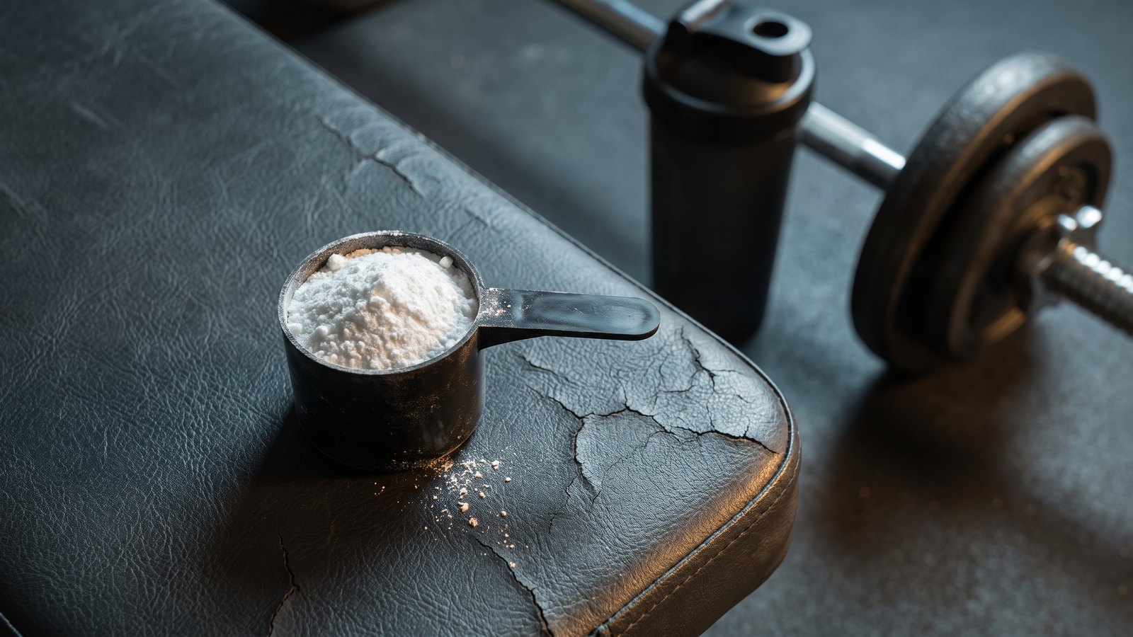 A scoop of unflavored creatine monohydrate powder resting on a gym bench beside a shaker bottle