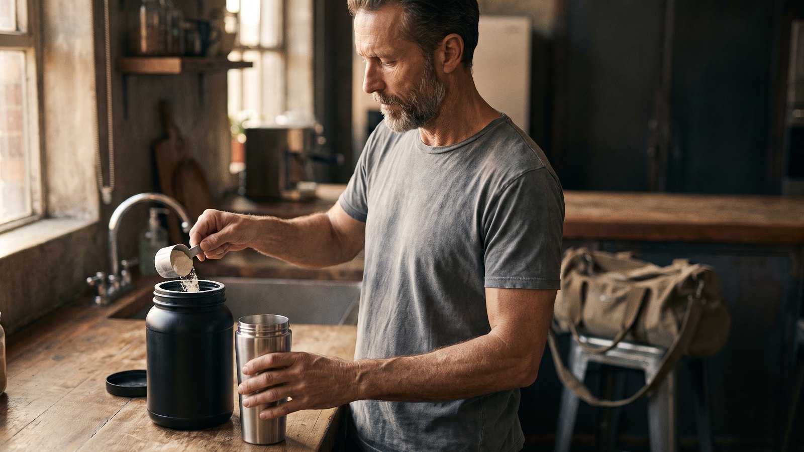 A man in his forties scooping whey protein powder into a shaker bottle on a kitchen counter after training