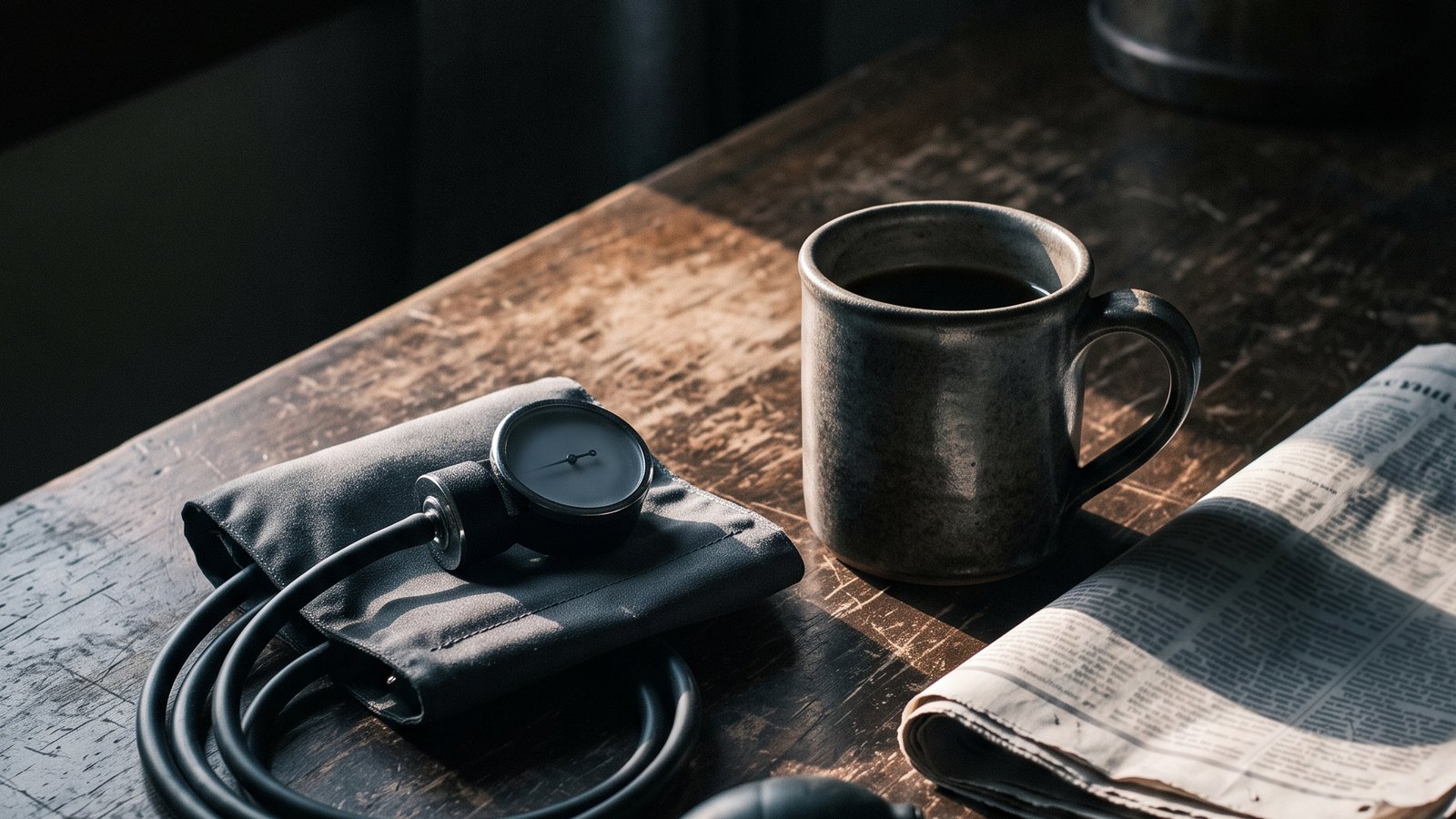 A home upper arm blood pressure cuff resting on a worn wooden kitchen table beside a coffee mug, lit by hard low morning light.