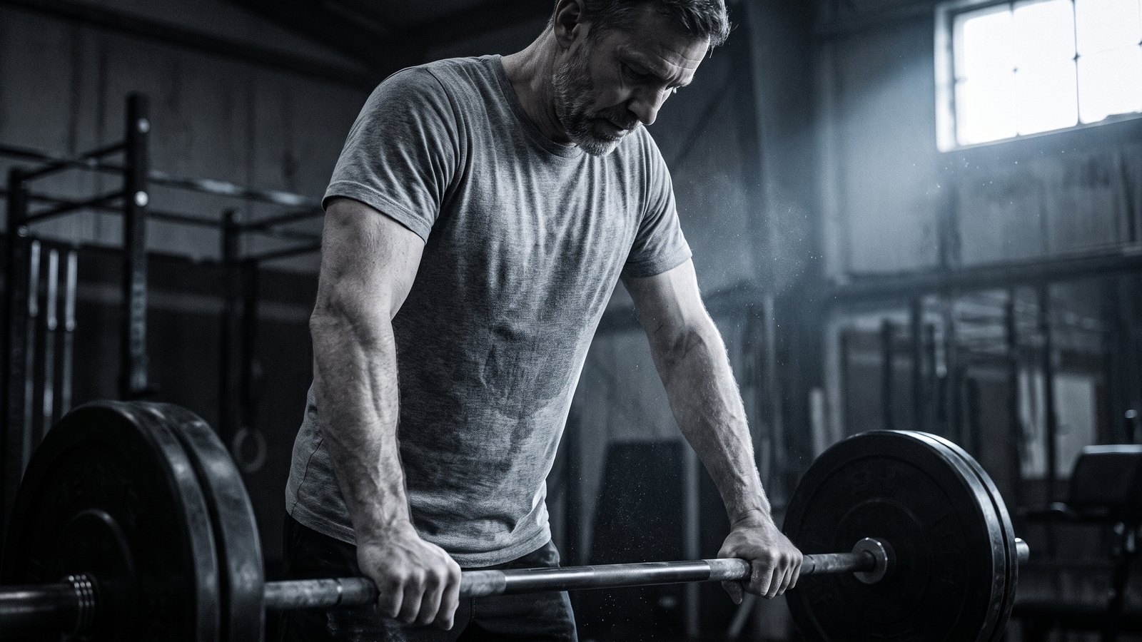 A muscular man in his forties gripping a loaded barbell in a dim gym, head lowered, forearms braced, chalk dust hanging in the light.