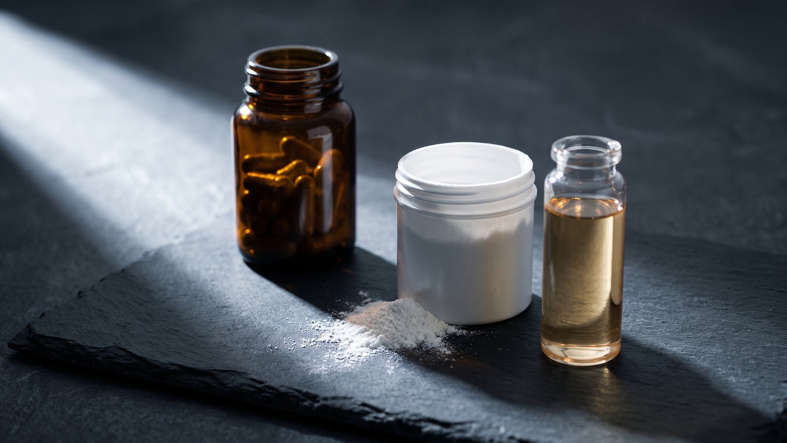 Three unmarked supplement containers lined up on a dark slate surface under a single hard light, one open with white powder spilling out.