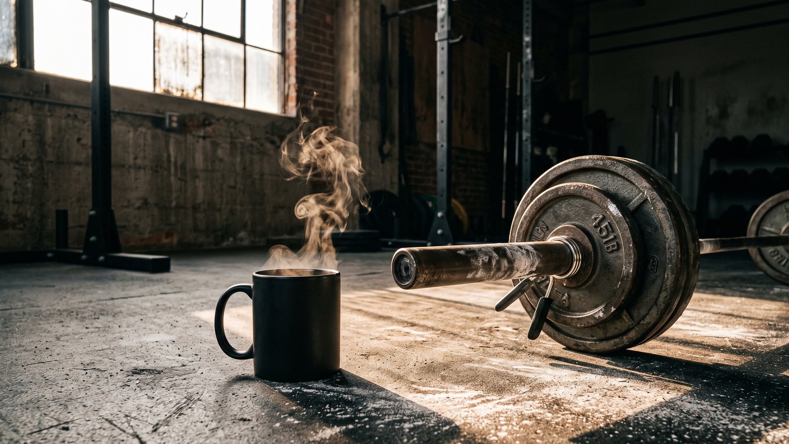 A black coffee in a plain mug beside a loaded barbell on a chalk-dusted gym floor, lit by hard early morning light through a high window.
