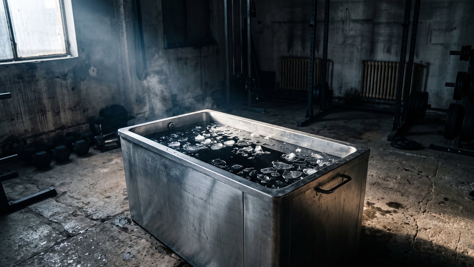 A steel cold plunge tub filled with dark water and floating ice in a bare concrete gym, lit by one hard shaft of cold morning light.