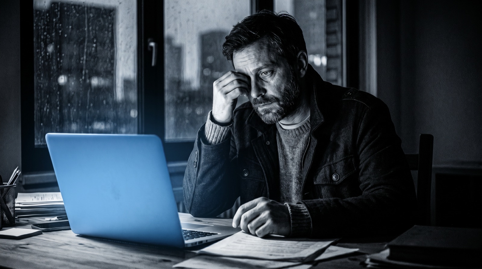 A tired man in his late thirties sitting at a dim desk late at night, lit by the cold glow of a laptop.