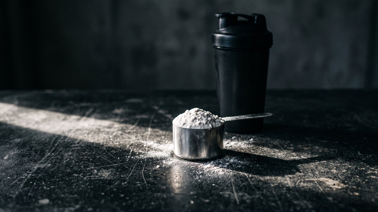 A steel scoop of white creatine powder on a dark countertop beside a shaker bottle, lit by a hard shaft of low side light.