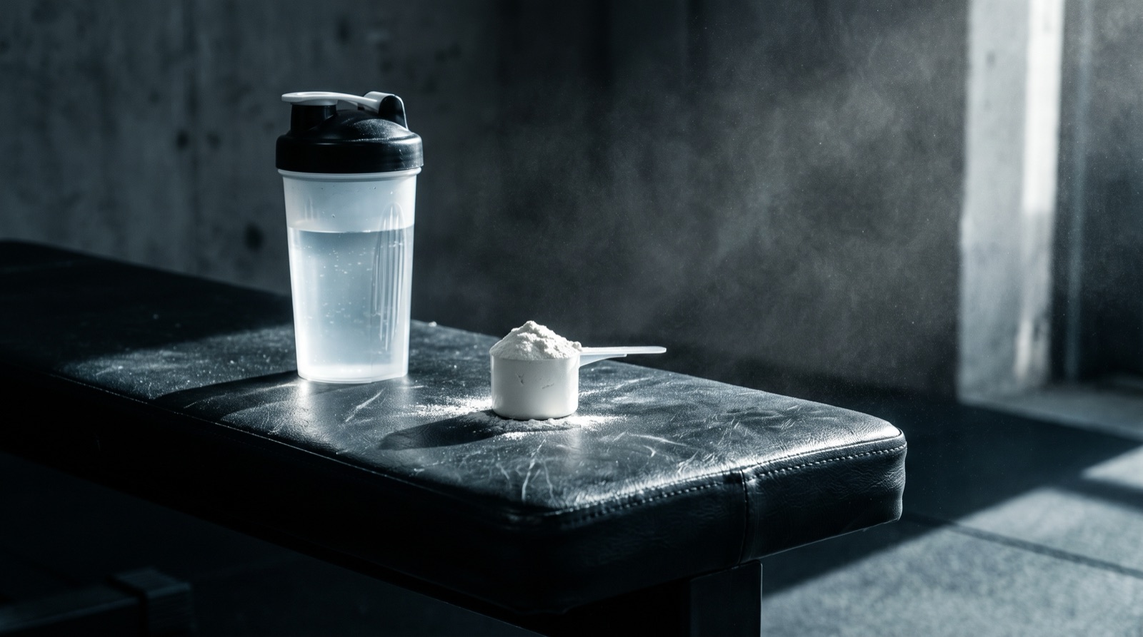 A single scoop of plain white creatine powder beside a water shaker on a dark gym bench under hard side light.