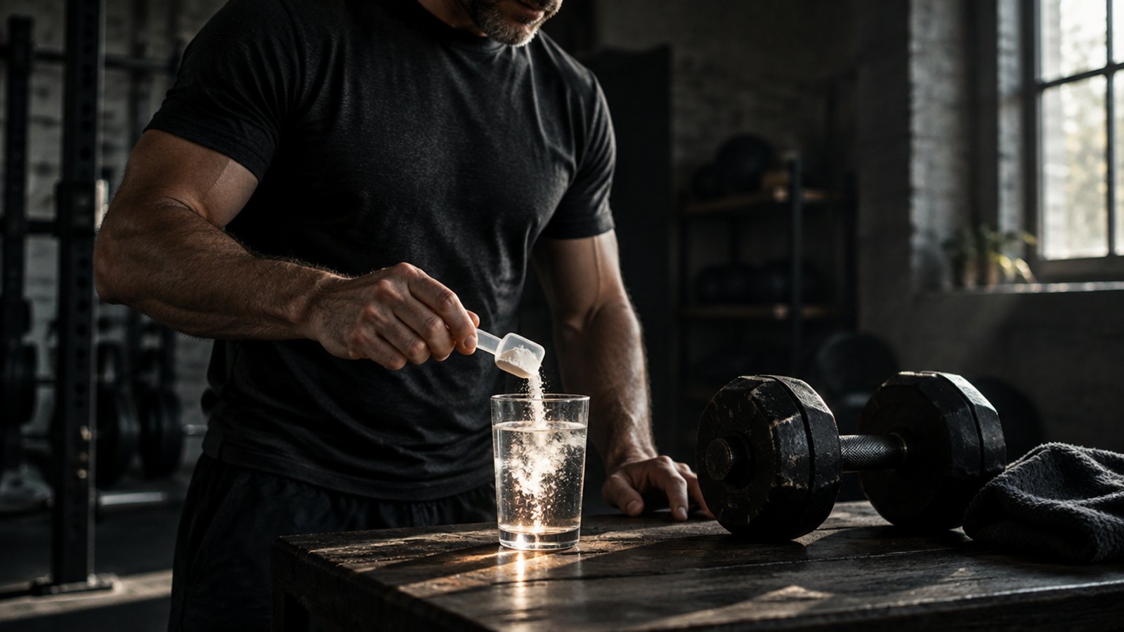 A man in his forties stirring a scoop of white creatine powder into a glass of water at a dark gym bench beside a pair of dumbbells.