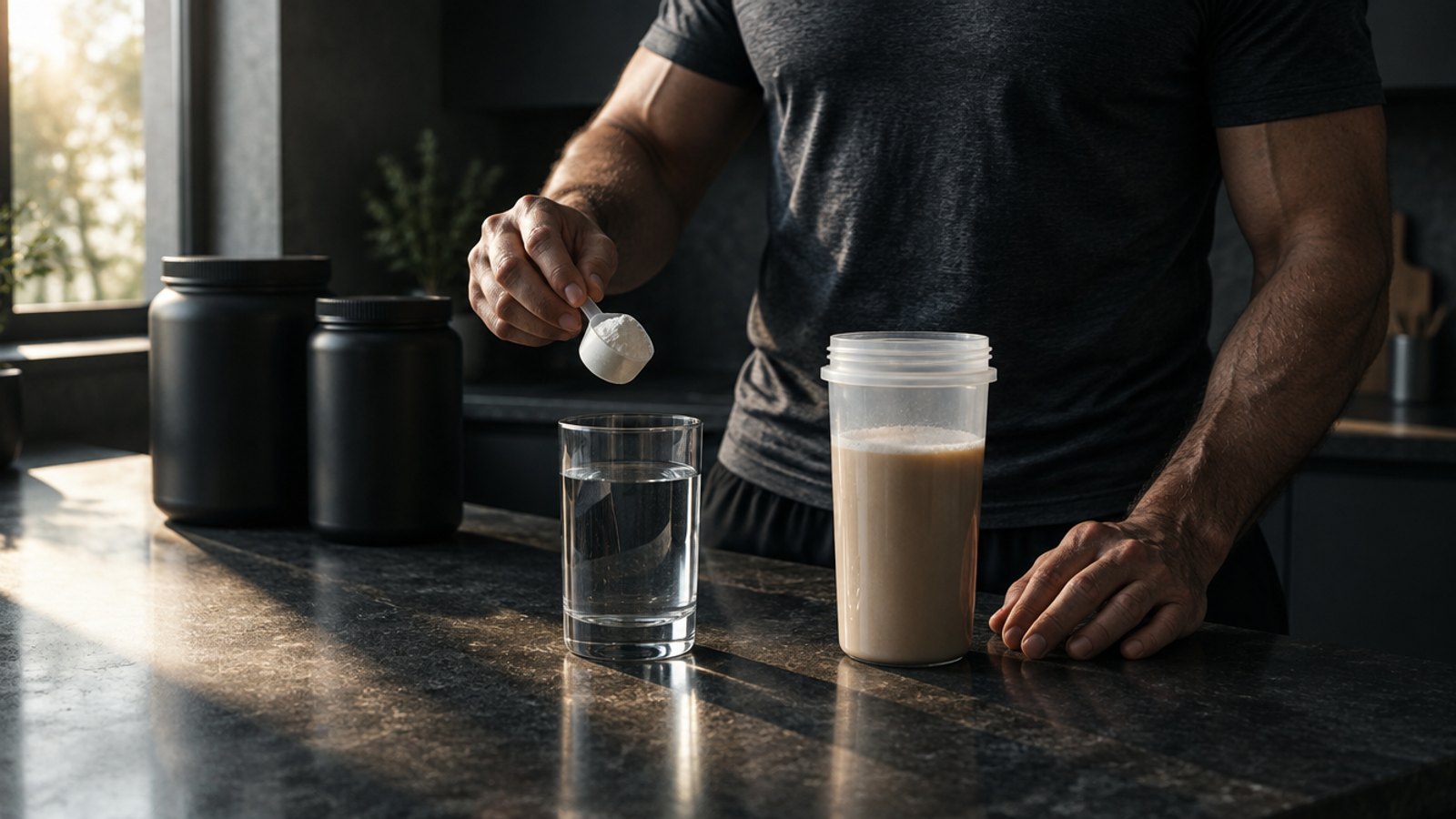 A man in his forties at a dark kitchen counter holding a scoop of white creatine powder over a glass of water beside a protein shaker and two unlabeled tubs.
