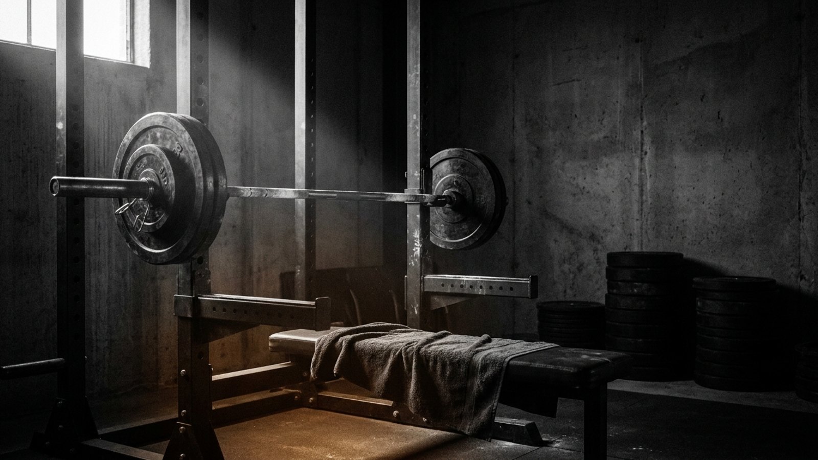 An empty barbell racked in a dim gym at the end of a session, chalk dust and a folded towel on the bench beside it.