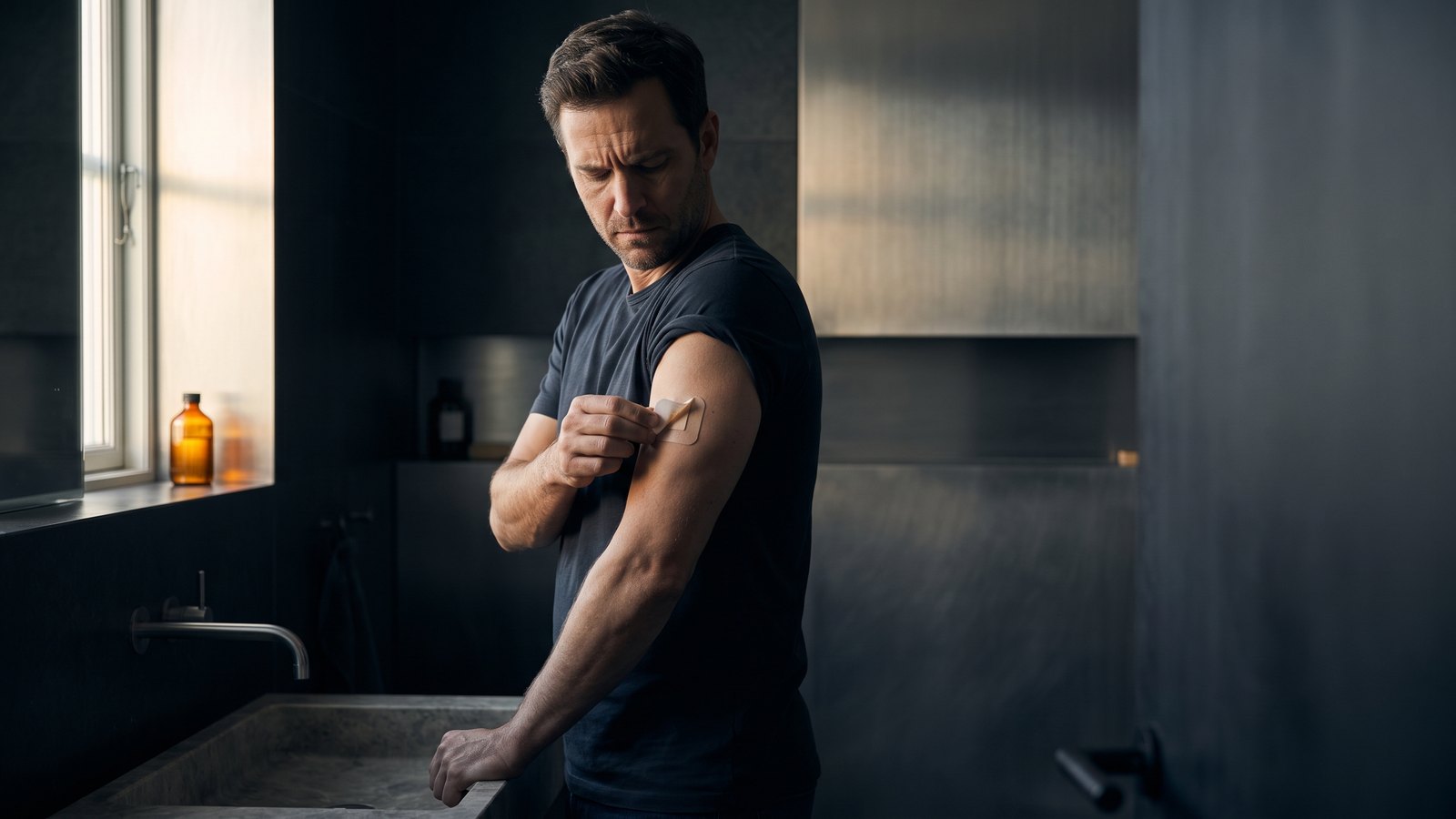 A man in his forties peeling an adhesive patch off his upper arm in a dim bathroom, unimpressed