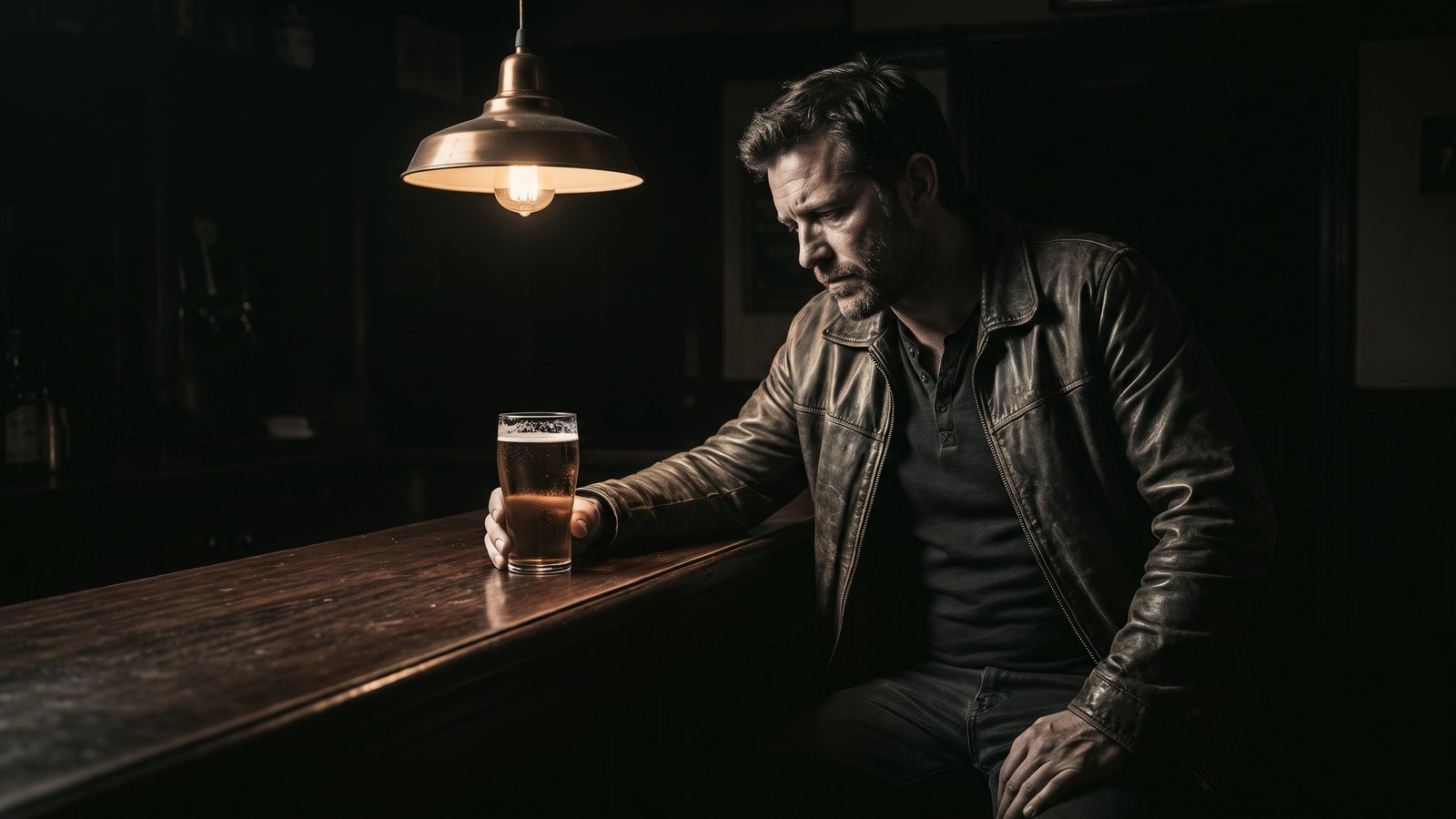 A man in his forties sitting alone at a dark bar in the evening, looking down at a single pint of amber beer.