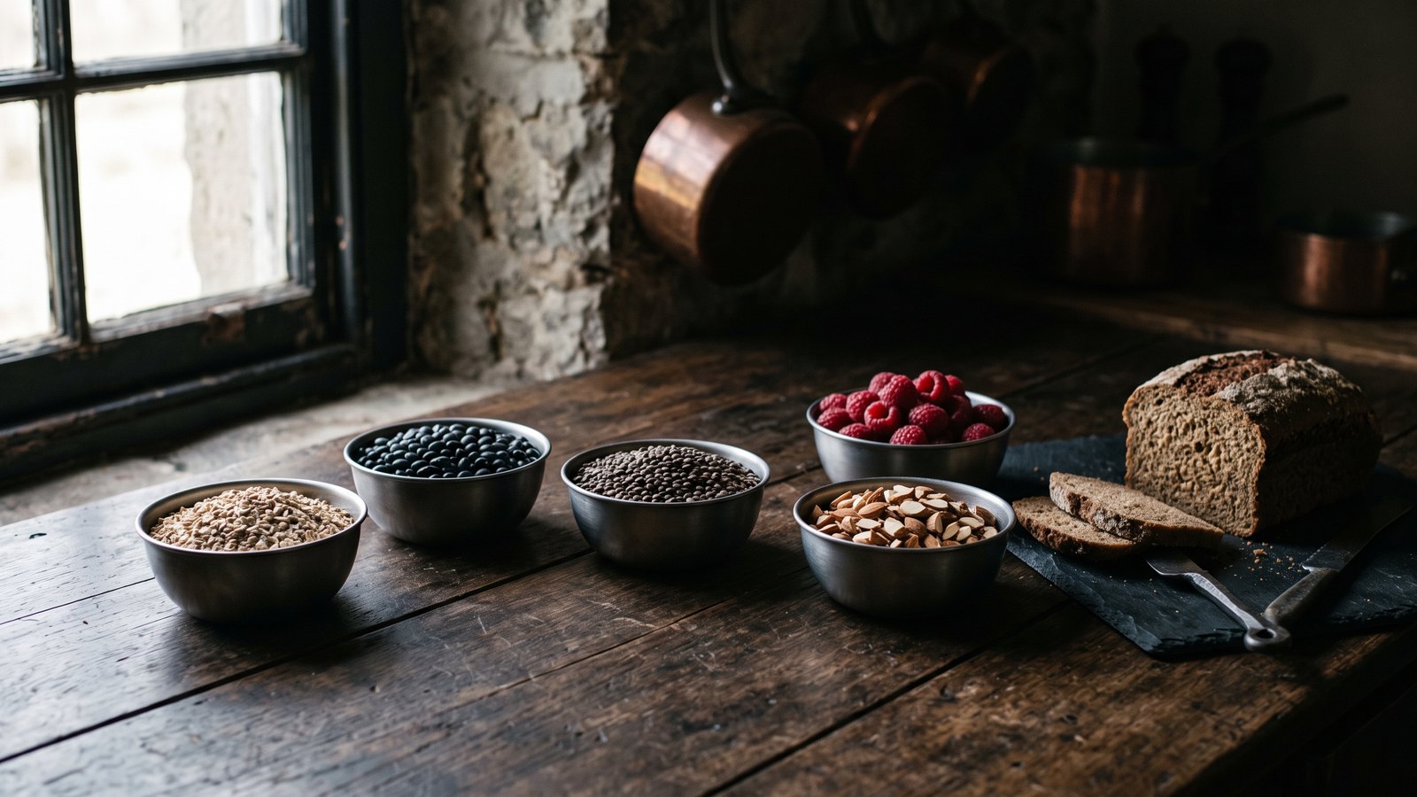 A rugged wooden kitchen counter holding steel-cut oats, black beans, lentils, raspberries, and a whole grain loaf in moody side light.