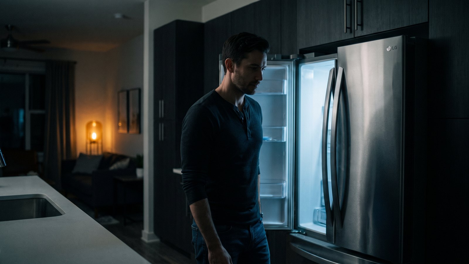 A man standing alone in a dim kitchen at night with the refrigerator door open, light on his face