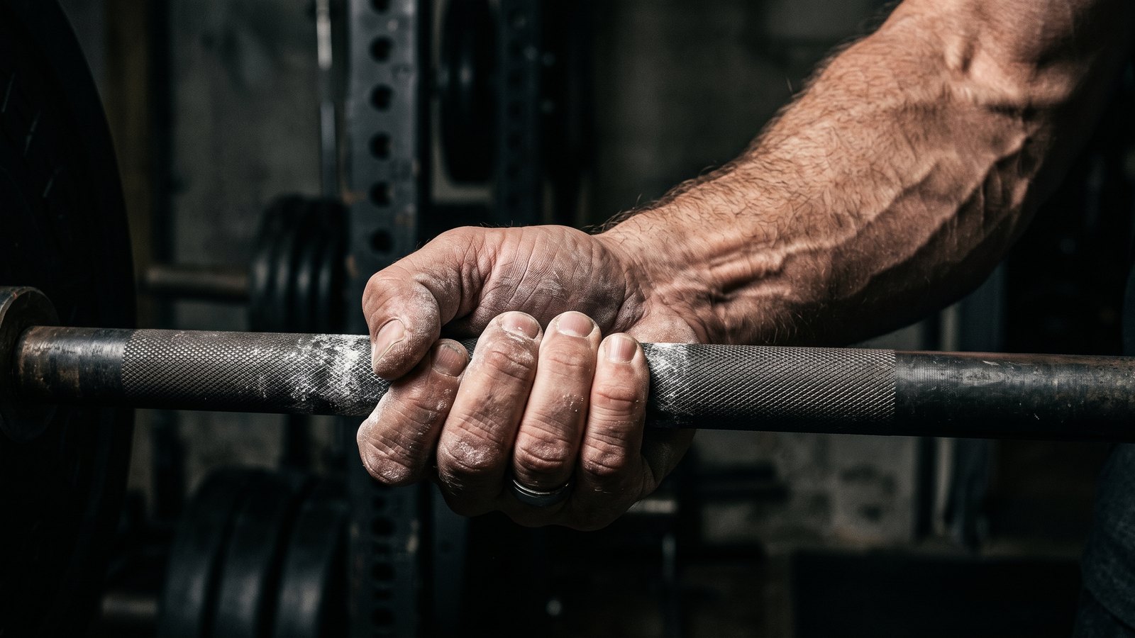 Close-up of a weathered man's hand gripping a knurled steel barbell bar, chalk dust on the knuckles, dark gym background.