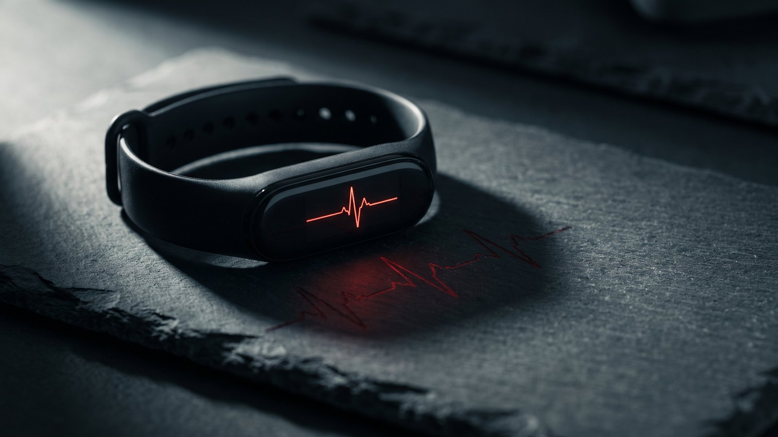 A dark fitness tracker resting on a charcoal slate surface beside a faint red ECG trace of a heartbeat, lit hard from one side.