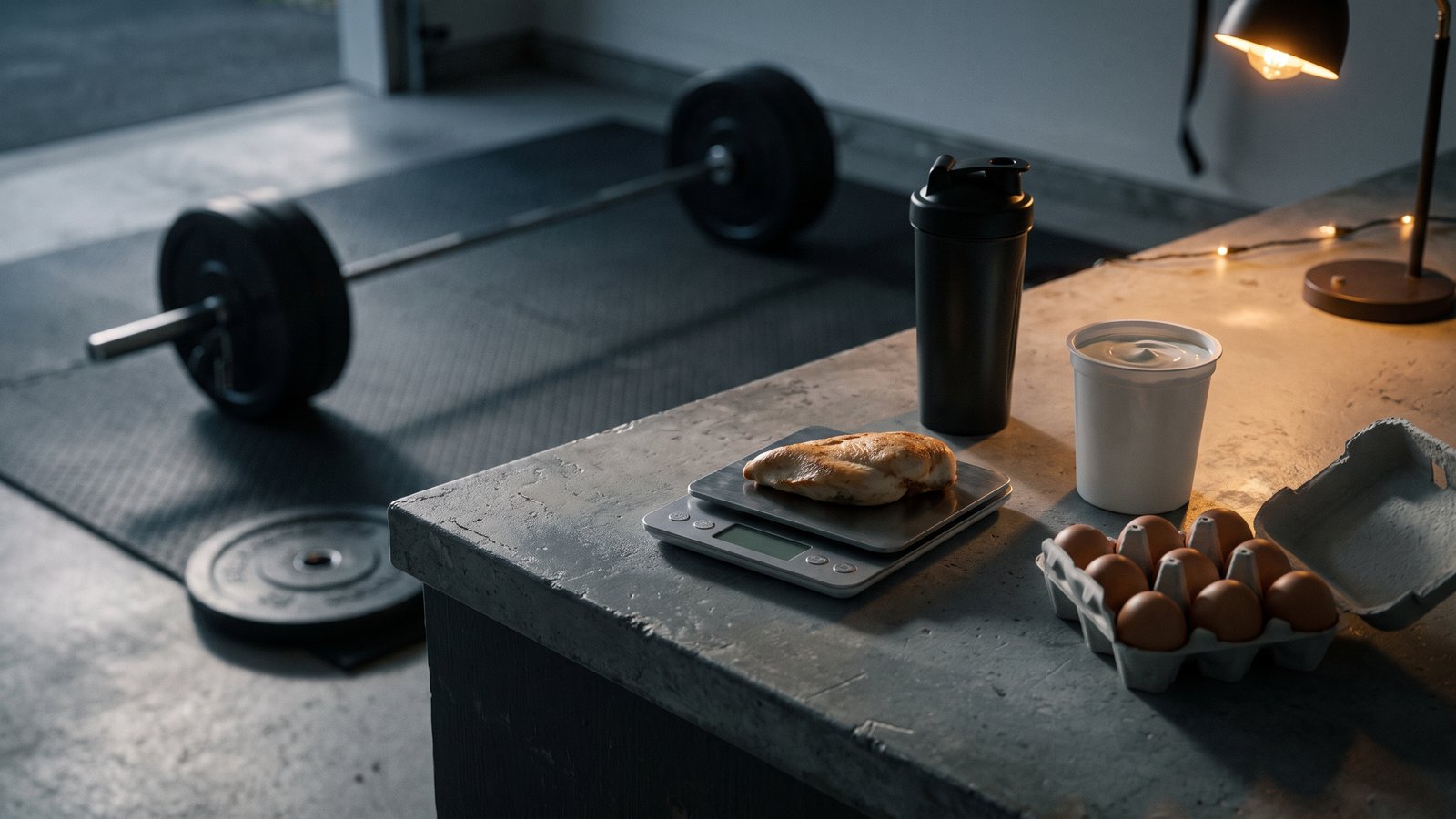 A digital food scale holding a cooked chicken breast next to eggs, Greek yogurt and a shaker bottle on a garage gym counter