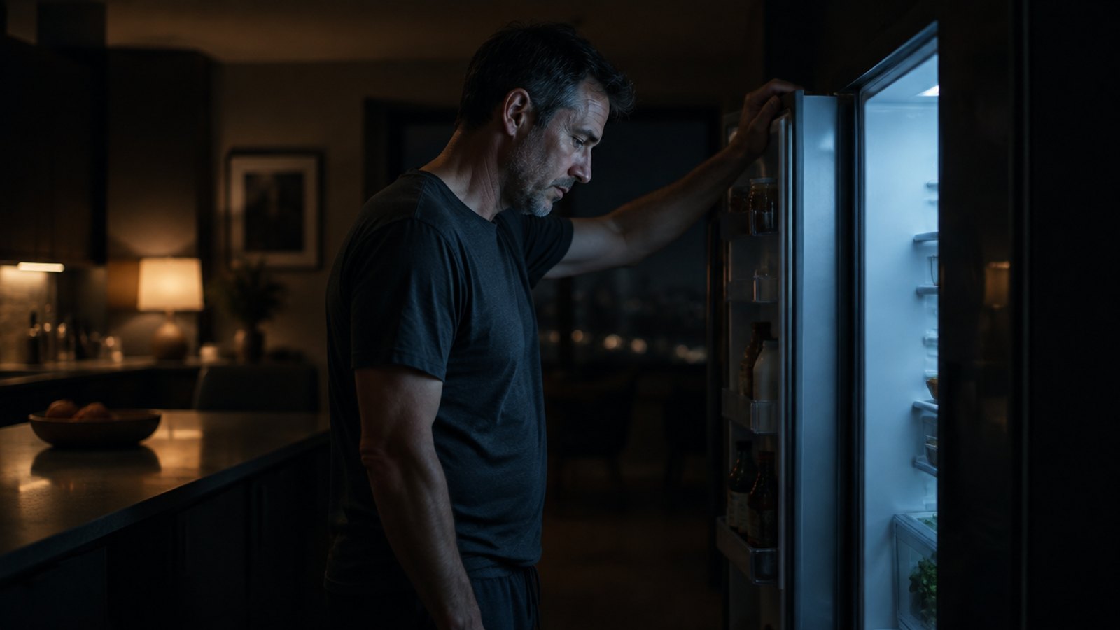 A man in his forties standing in a dim kitchen at night with the refrigerator door open, pausing before reaching in.