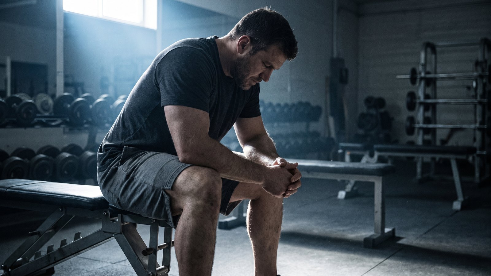 A man in his forties in workout clothes sitting on a gym bench in low morning light, forearms on his knees, looking down at the floor between his feet.