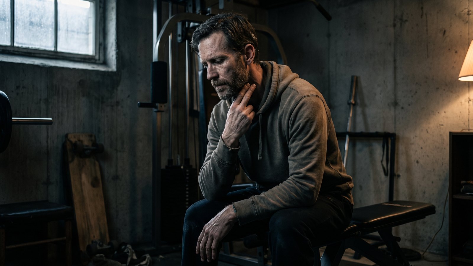 A man in his forties sitting still on a weight bench at dawn, two fingers on his neck taking his pulse, a watch face dark on his wrist.