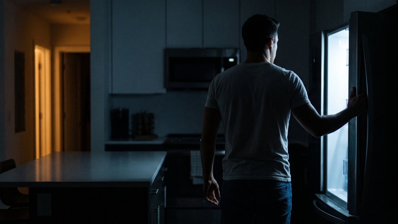 A dark kitchen at night lit only by the open refrigerator, with a man's silhouette standing in front of it.