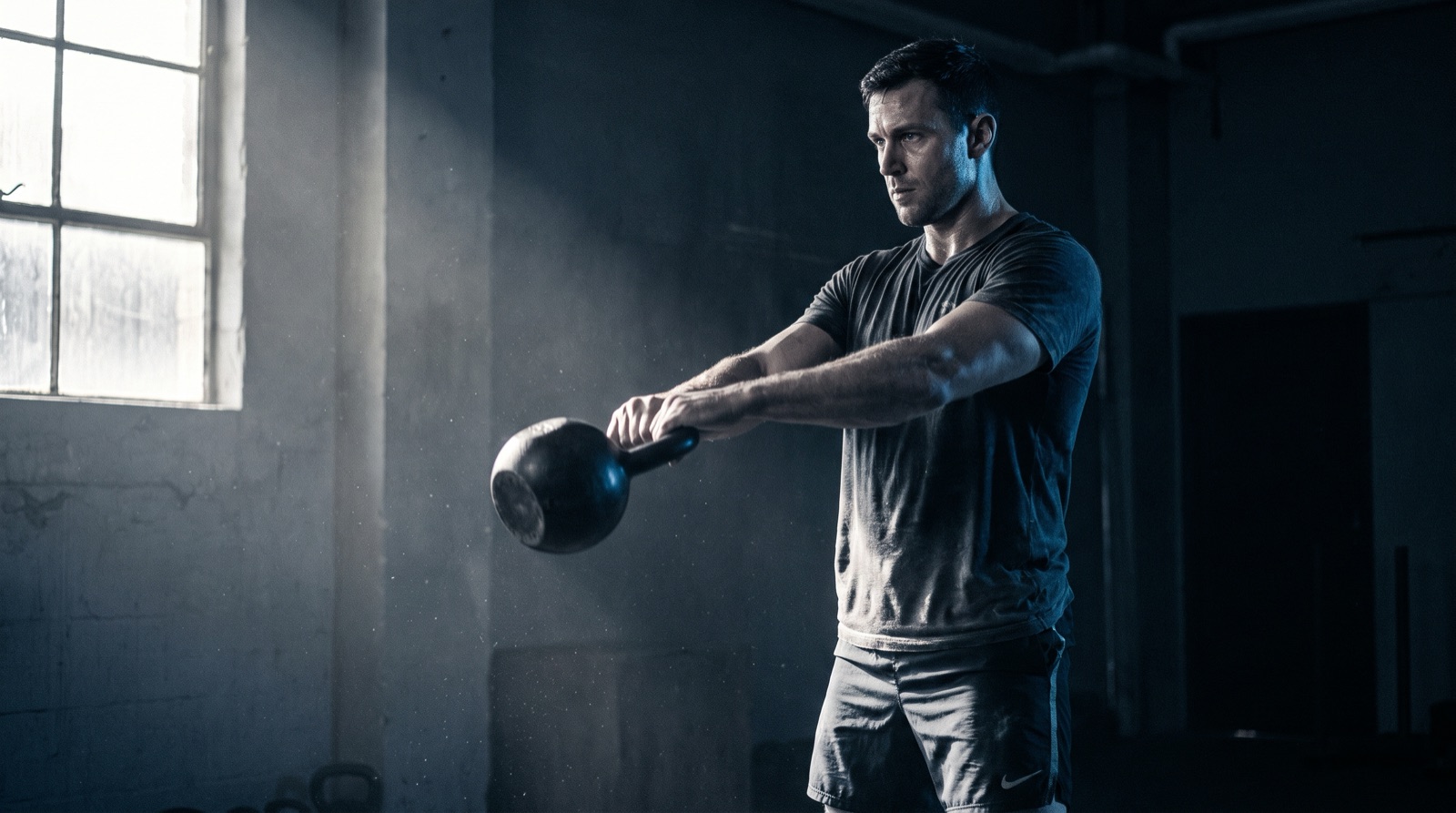 A lean man in his early forties swinging a kettlebell in a dim, high-contrast gym, jaw set and focused.