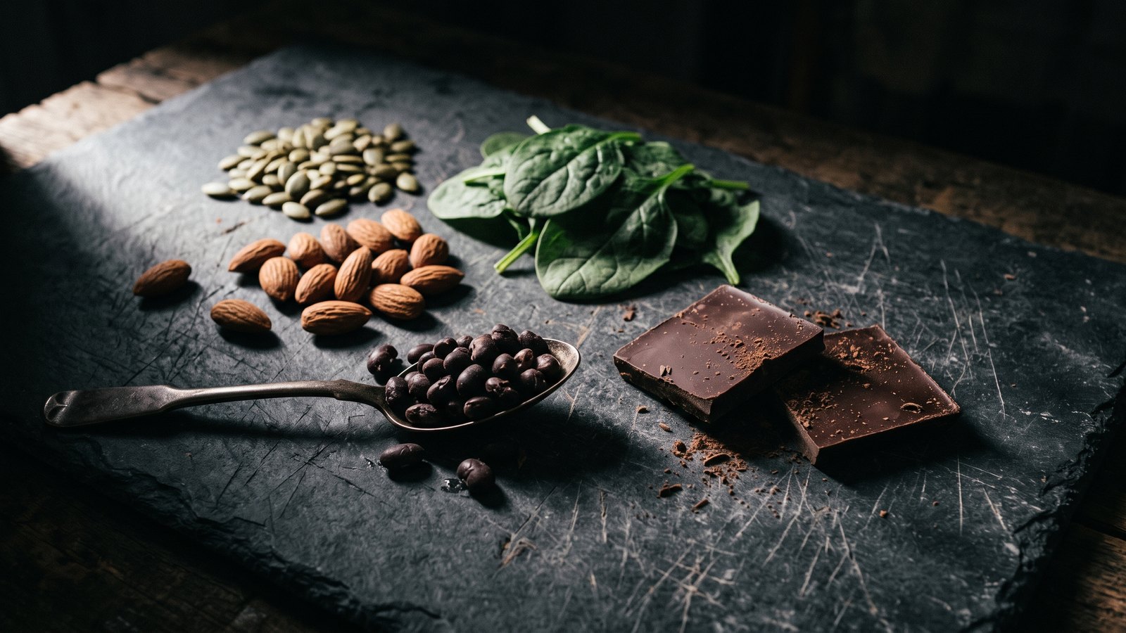 A dark slate board topped with pumpkin seeds, almonds, spinach leaves, black beans, and a few squares of dark chocolate under hard moody side light.