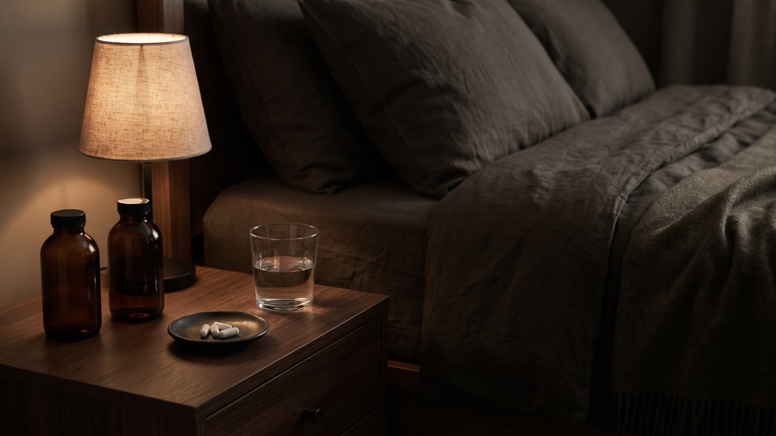 Two unlabeled amber supplement bottles and a glass of water on a nightstand beside a bed in low evening light