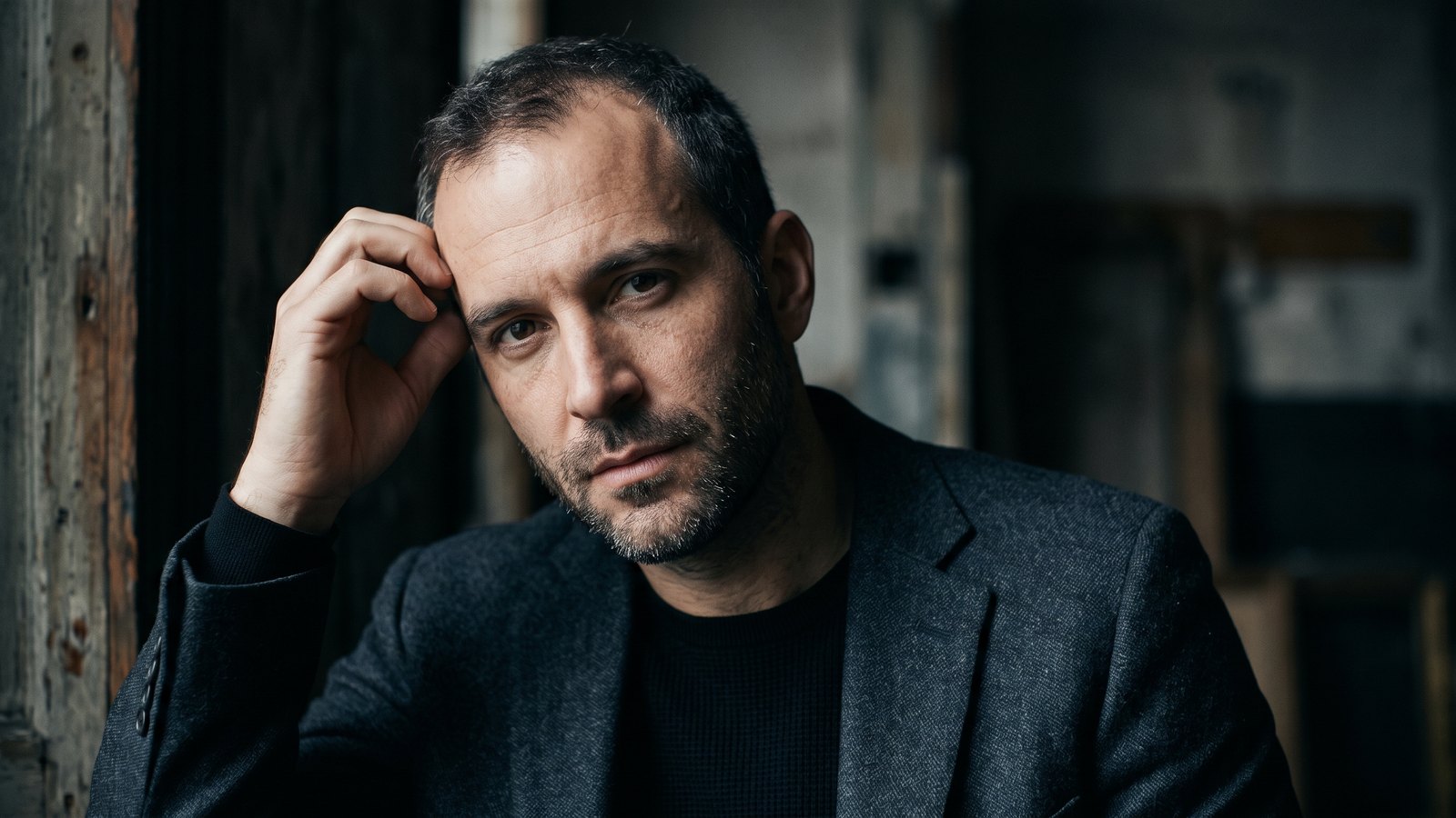 A close, moody portrait of a man in his late thirties touching a receding hairline in hard side light.