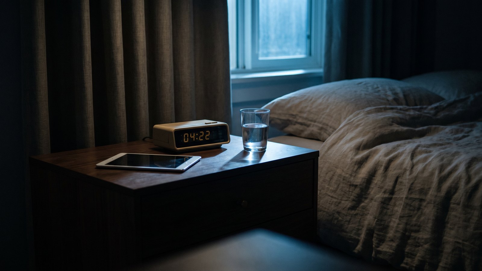 A dim bedroom at night, with a wooden nightstand holding a glowing digital alarm clock reading 4:22, a glass of water, and a tablet, next to rumpled bedding.