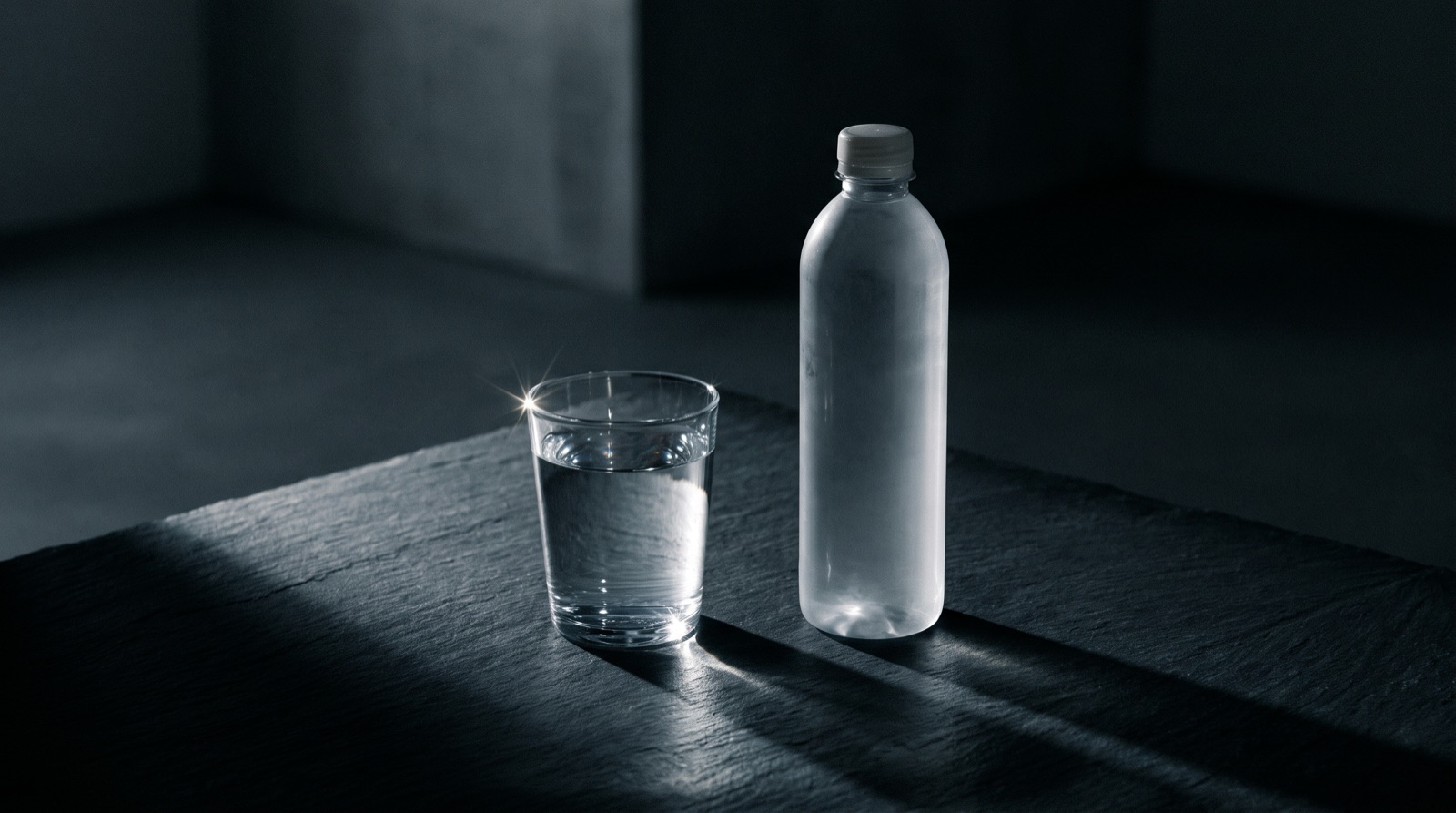 A clear glass of water beside a plain plastic water bottle on a dark surface under dramatic side light