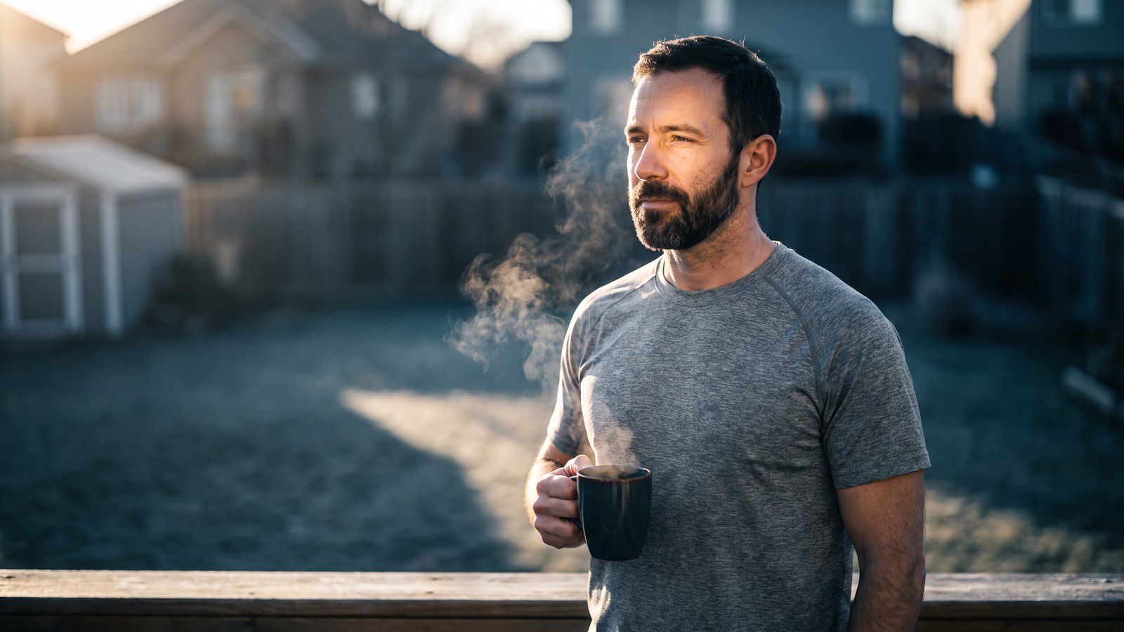 A man in his forties standing on a back deck in low morning sunlight with a mug of coffee, lit hard from one side.