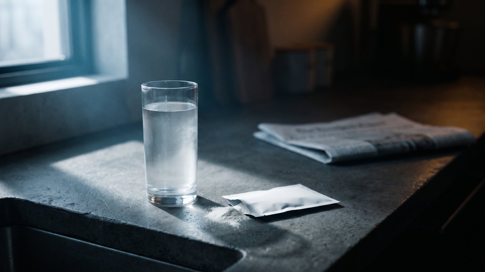 A glass of clear liquid on a dark kitchen counter beside a torn supplement sachet and a folded newspaper, lit by a single hard window light.