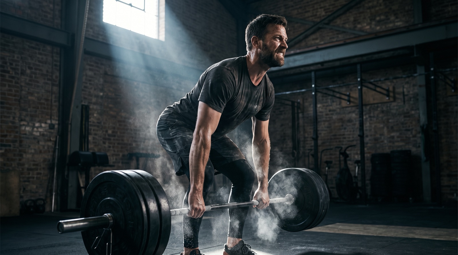 A fit man in his late thirties mid-lift in a dim, high-contrast gym, gripping a loaded barbell.