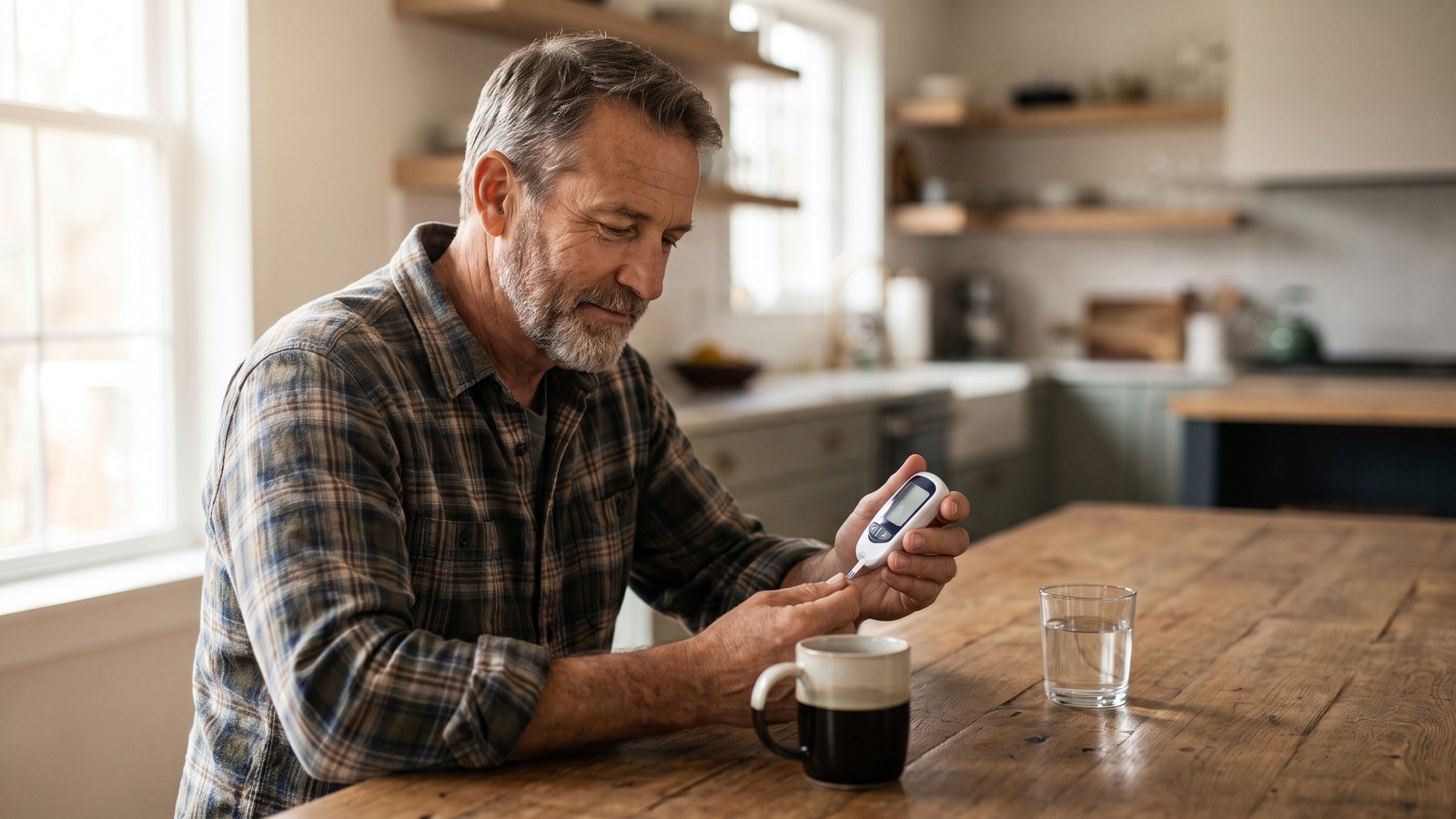 A man in his fifties sitting at a kitchen table in the morning, checking a small glucose meter reading next to a cup of black coffee.