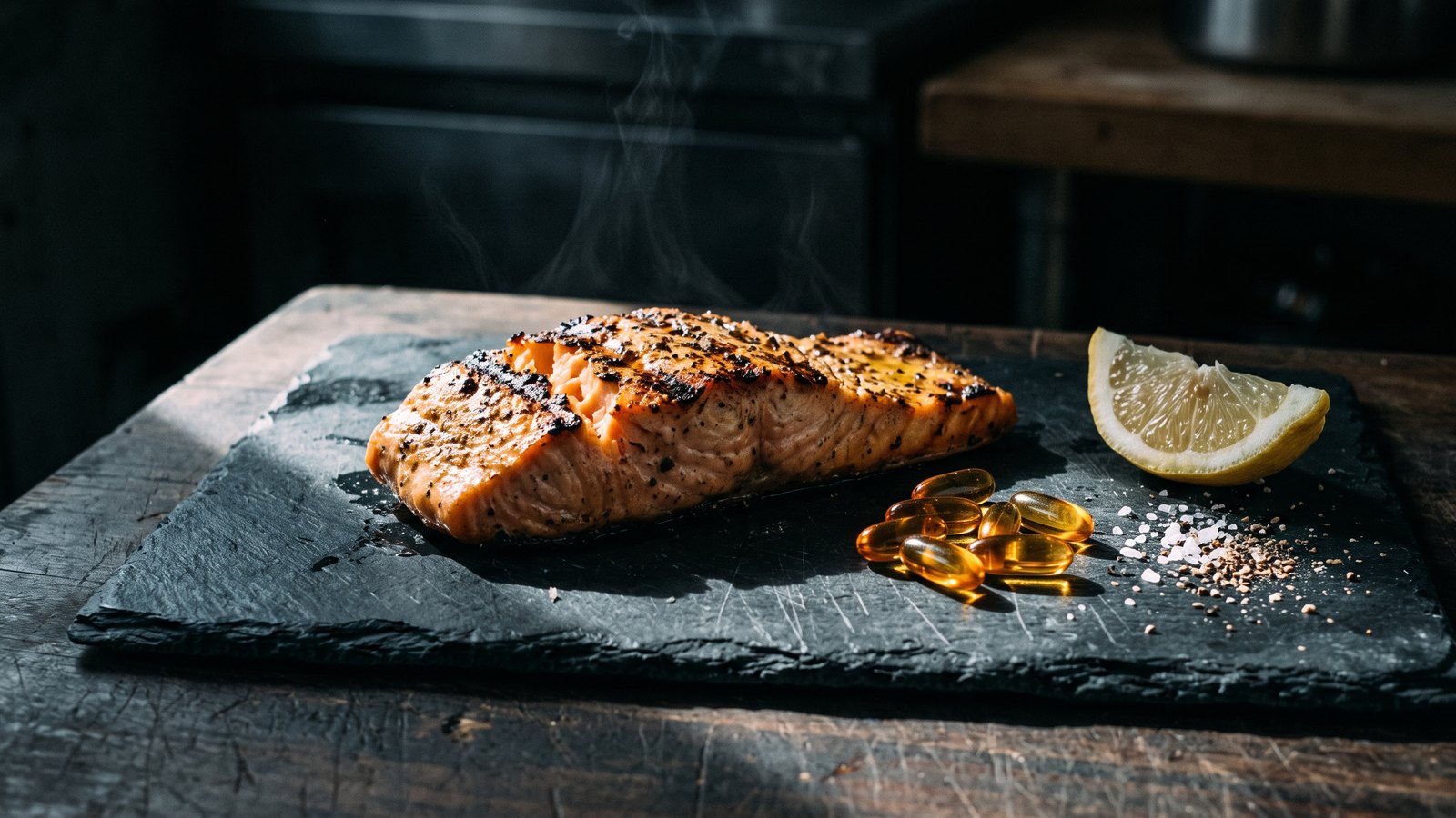 A grilled salmon fillet and fish oil capsules on a dark slate board under hard side light in a moody kitchen.