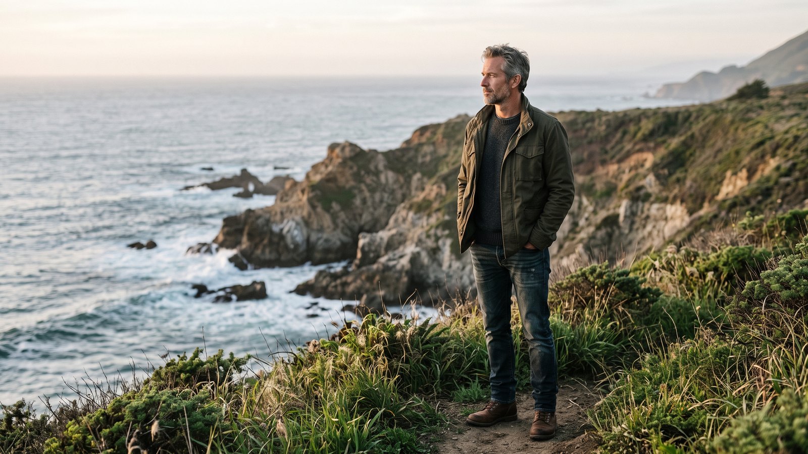 A fit man in his late forties standing outdoors in soft morning light, calm and self-assured, looking toward the horizon.