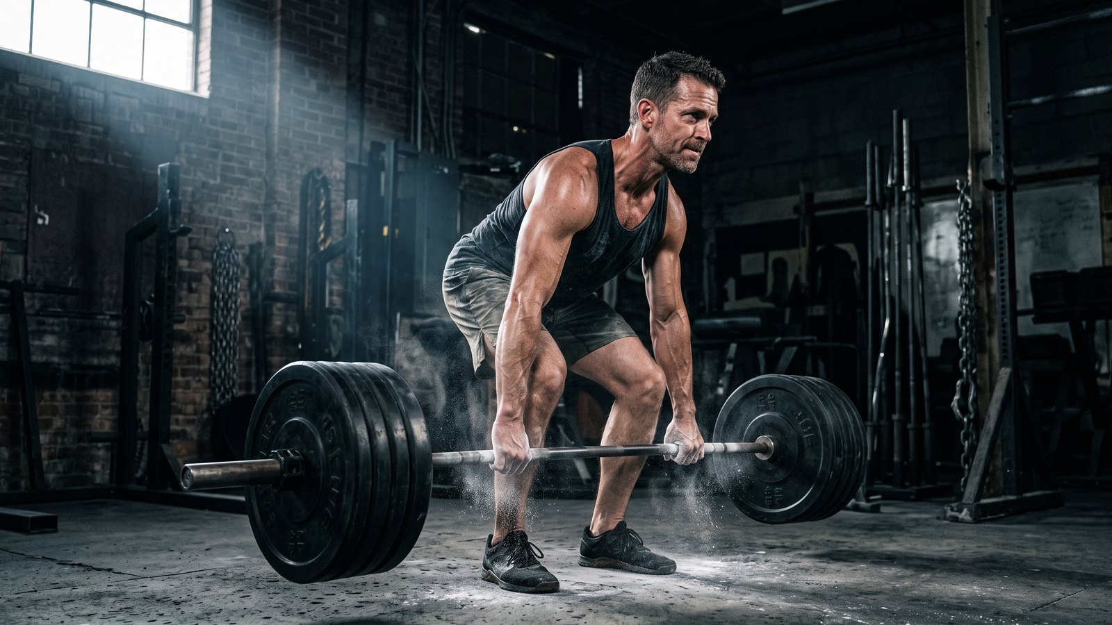 A lean, muscular man in his forties mid-deadlift in a dim gym, gripping a loaded barbell with chalked hands.