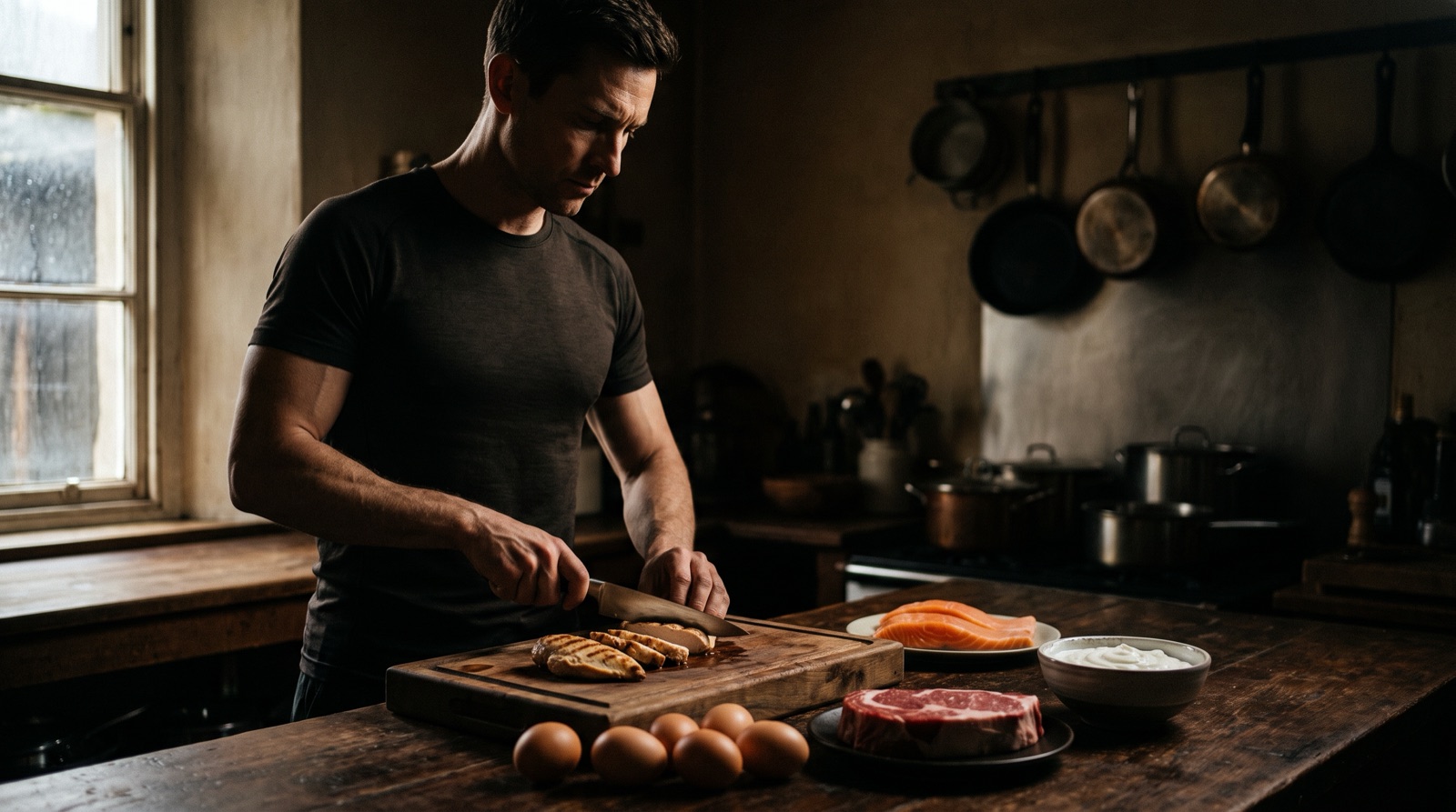 A fit man in his late thirties slicing grilled chicken over a wooden cutting board in a dim kitchen, high-protein whole foods arranged around him