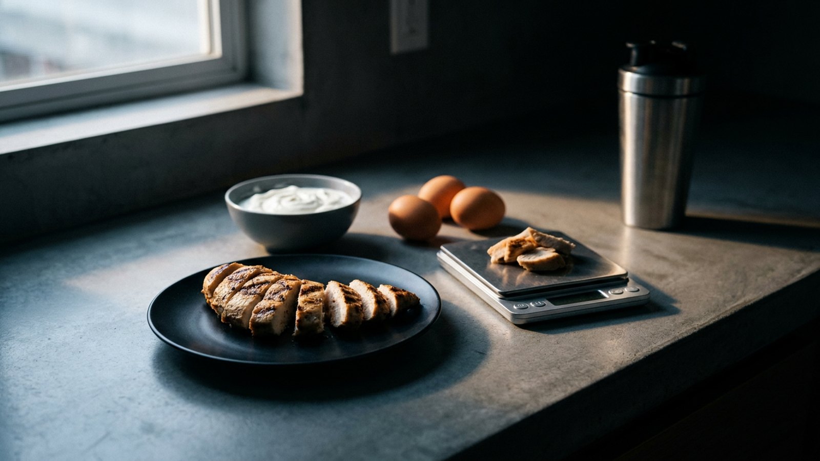A kitchen counter in early morning light with grilled chicken breast, eggs, and Greek yogurt portioned on a digital scale.