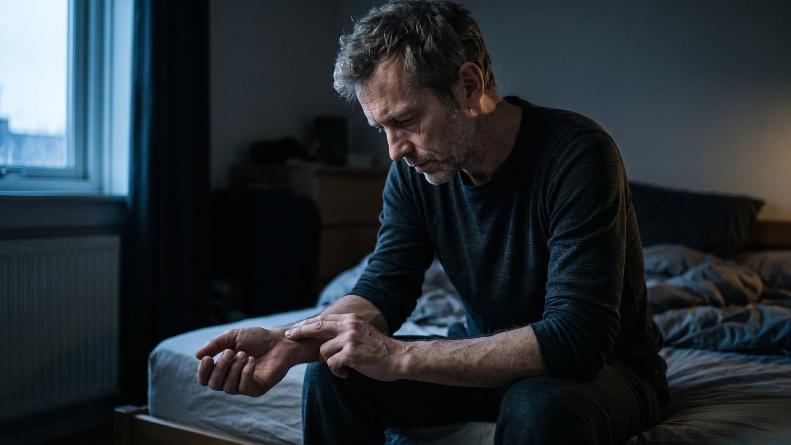 A fit man in his forties sitting on the edge of a bed at dawn, two fingers pressed to his wrist, checking his pulse in low window light.