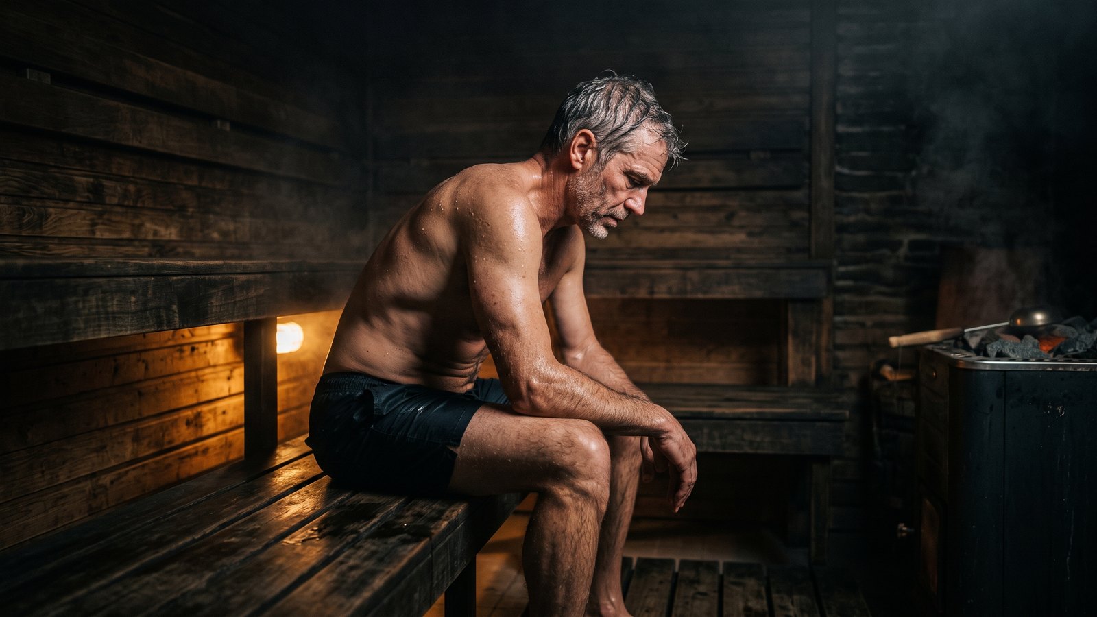 A fit middle-aged man sitting alone on a wooden bench inside a dimly lit cedar sauna, steam rising, sweat on his shoulders.