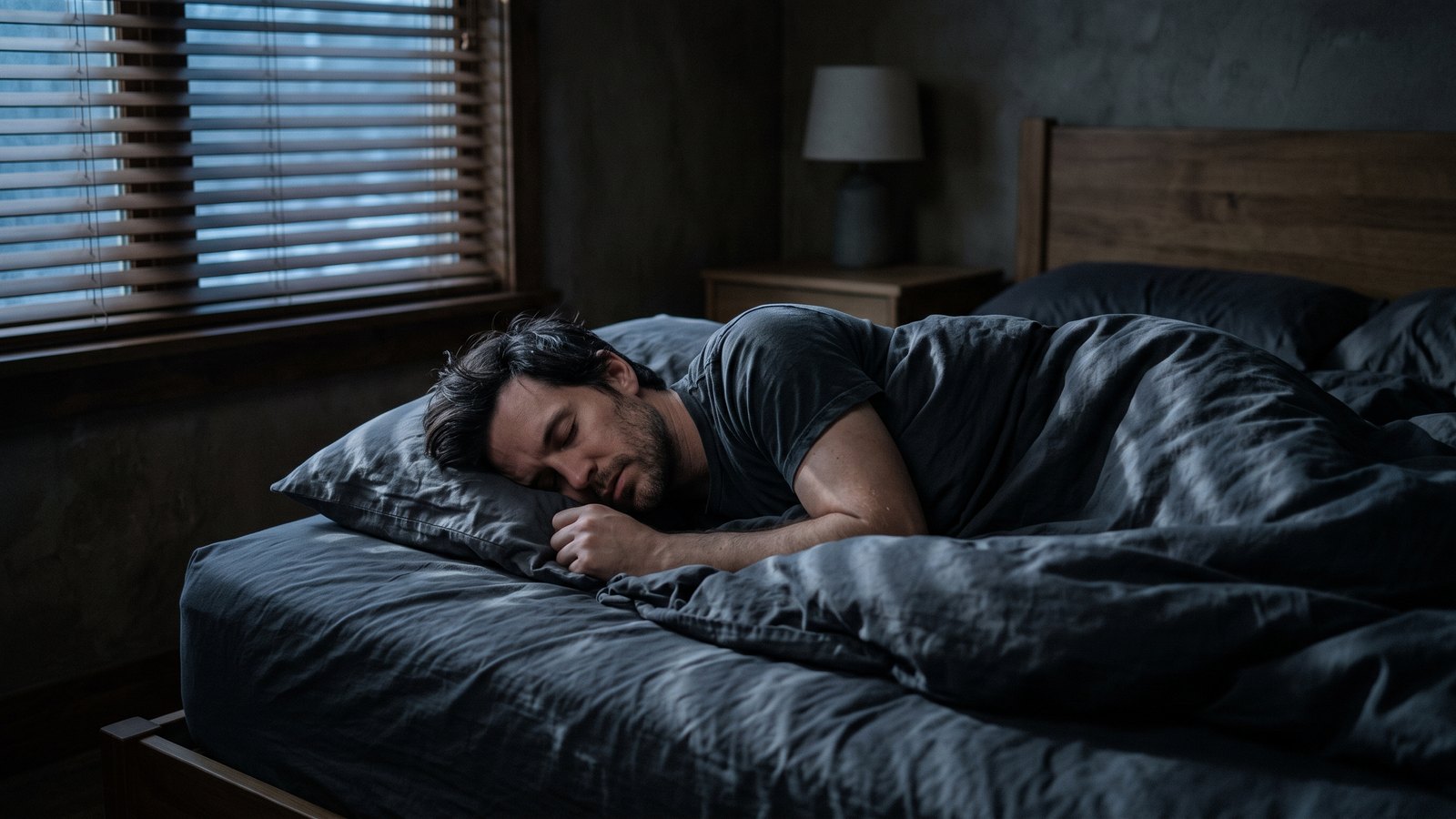 A man in his late thirties asleep on his side in a dark bedroom, faint pre-dawn light coming through the window blinds.