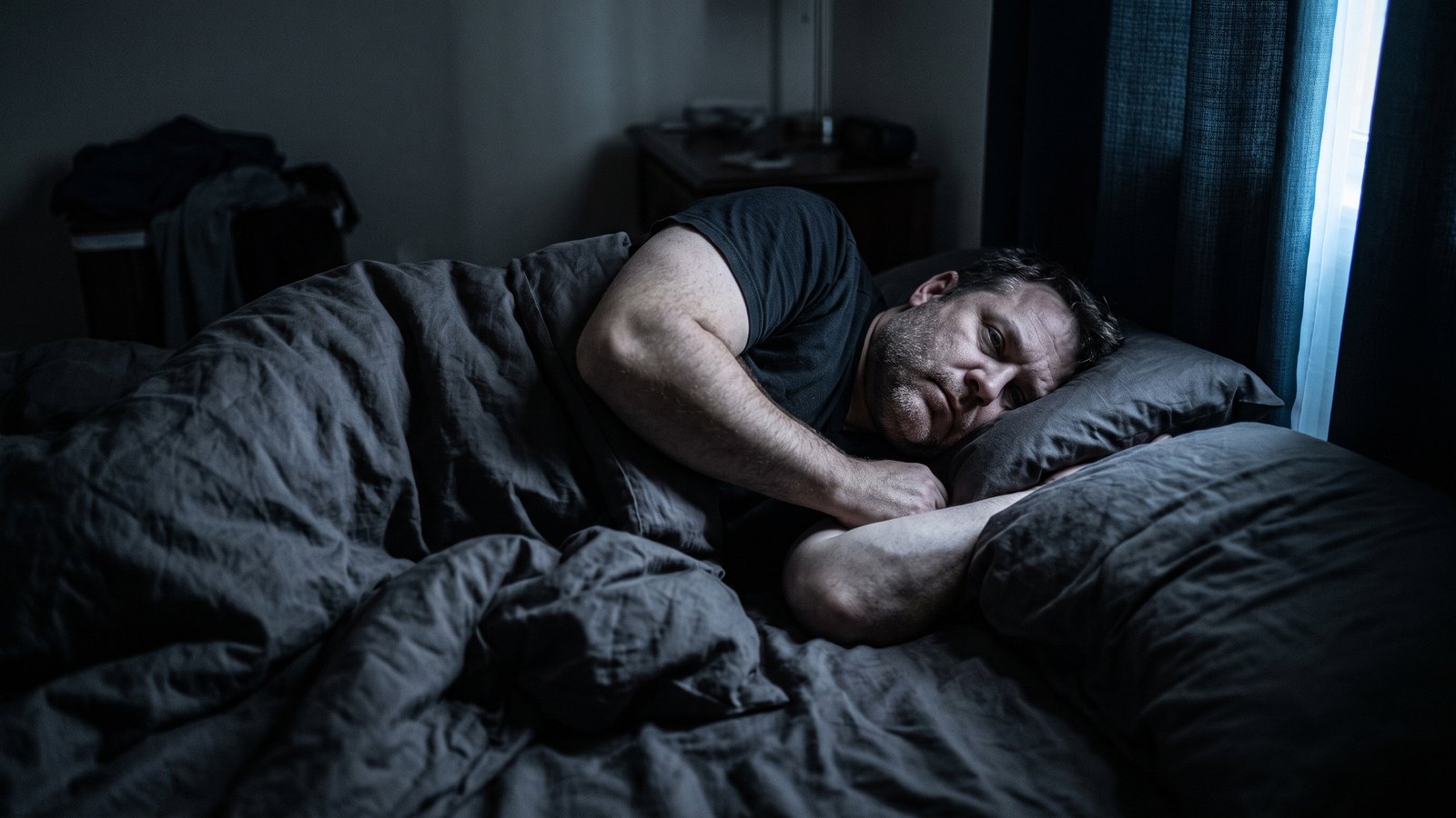 A man in his forties lying awake on his side in a dark bedroom before dawn, eyes open, heavy grey bedding rumpled around him.